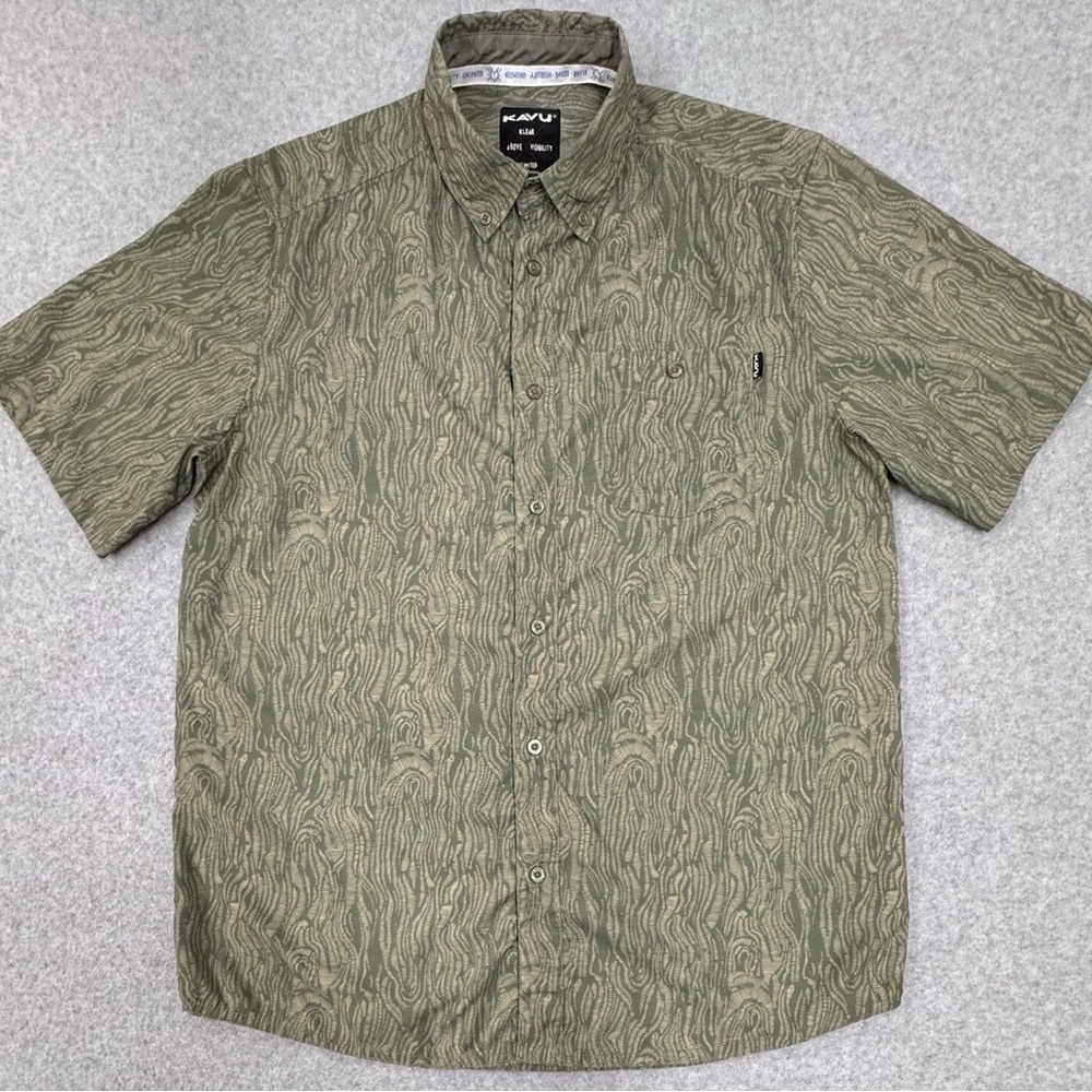 KAVU Short Sleeve Button-Up Shirt |‎ Men's XL | Woodgrain Print Stretch Blend